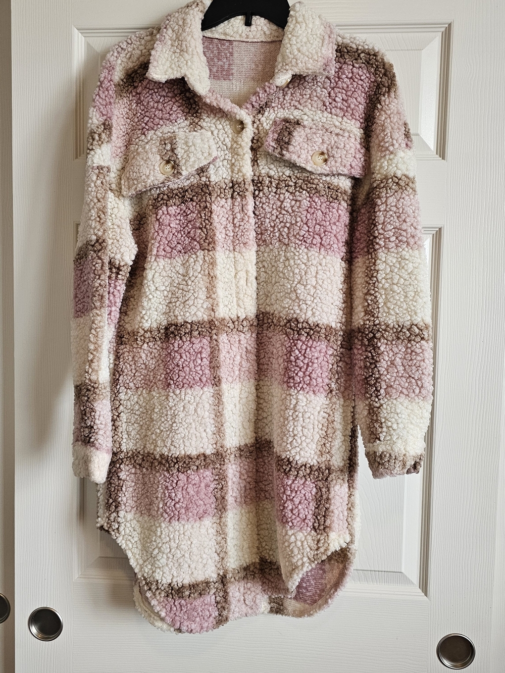 SHEIN Pink, Cream & Brown Plaid Sherpa Shacket